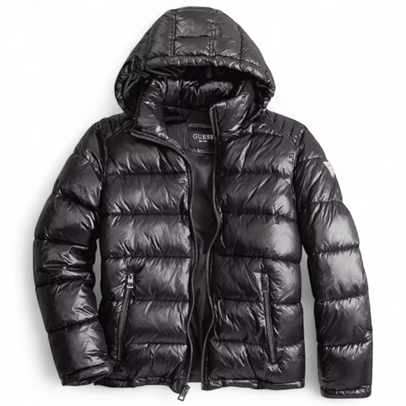 New GUESS Men’s Black Puffer Jacket Hooded Winter Coat Insulated Outerwear XL - Picture 1 of 7